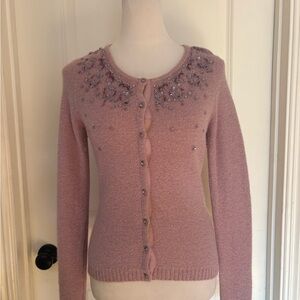 70% Lambswool 20% Angora Beaded Pink Cardigan Sweater — Soft, Premium Knit (S)